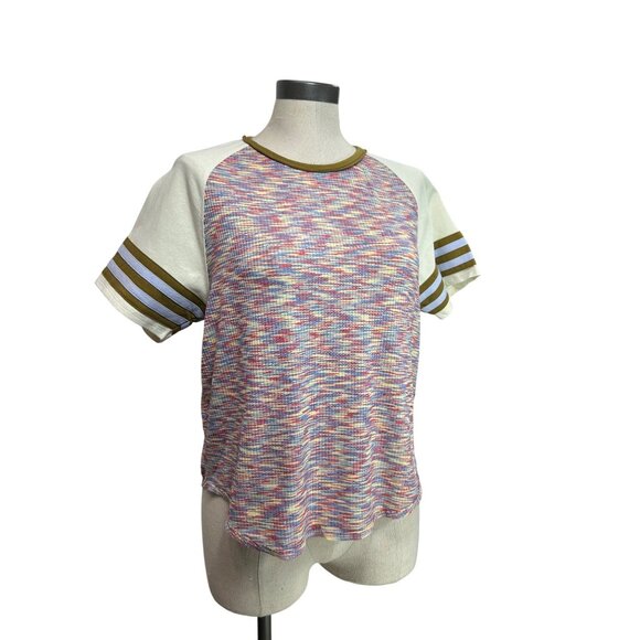 WE THE FREE Tailgate Tee Sz S Multicolor Print Raglan Striped Sleeves Retro 70s - Picture 3 of 10